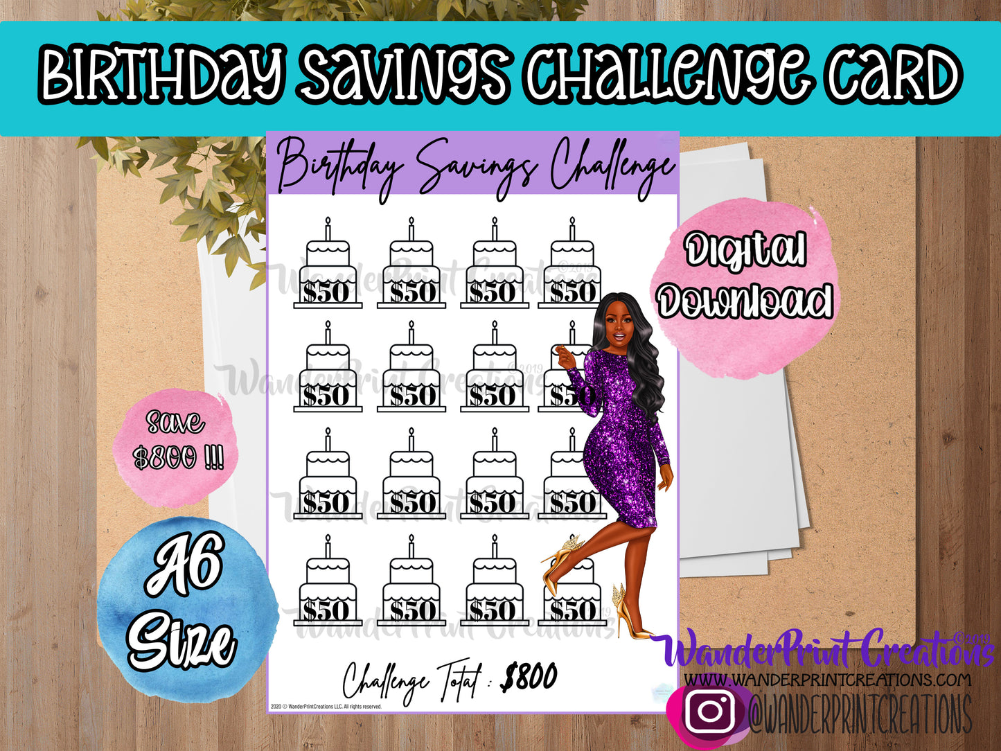 $800 BIRTHDAY Savings Challenge Card A6 Size EBONY  : Printable